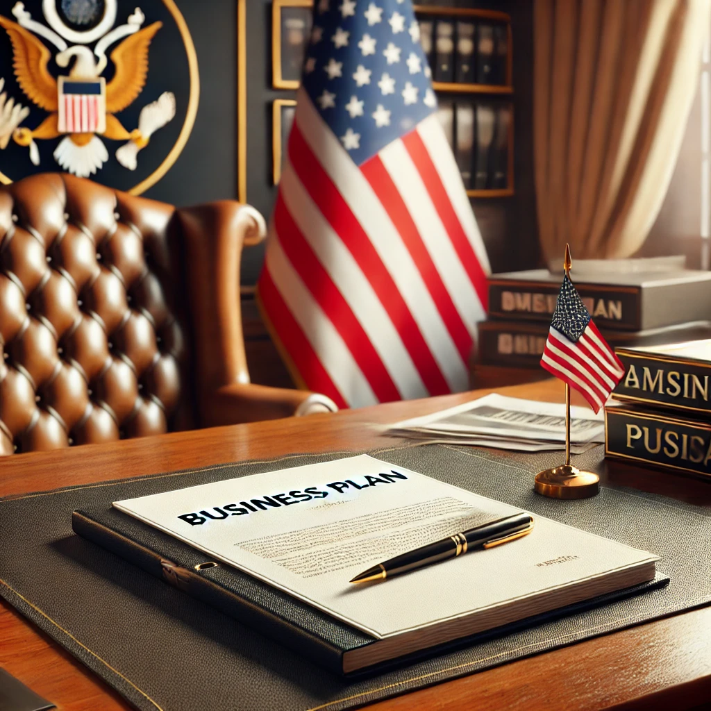 A business plan placed neatly on a consular desk with an American flag in the background. The setting is within a consulate office, featuring a wooden